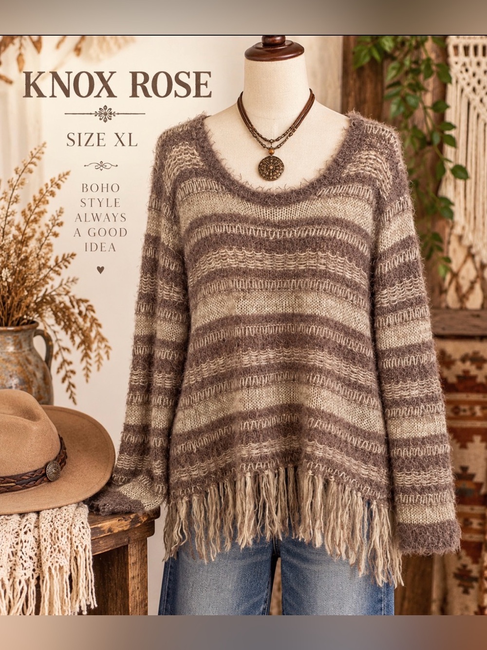 Knox Rose Taupe & Cream Striped Fringe Cozy Sweater